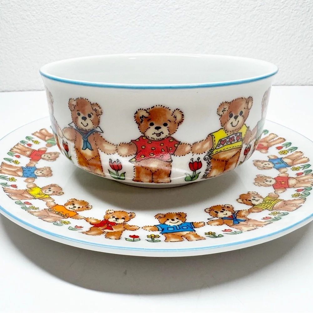Vintage 70s 1979 Enesco Lucy Ring Teddy Bear Bowl and Plate